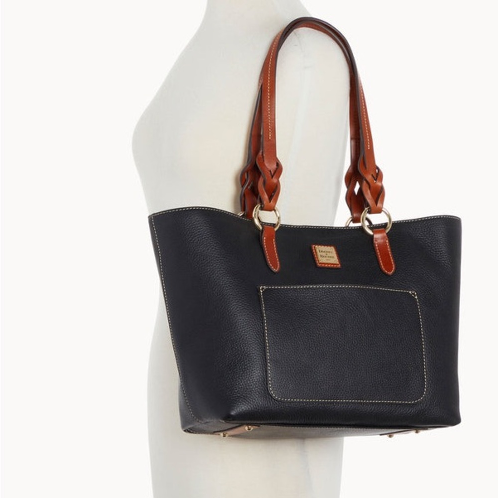 Dooney & Bourke Black Pebbled Leather Tote with Cognac Braided Handles